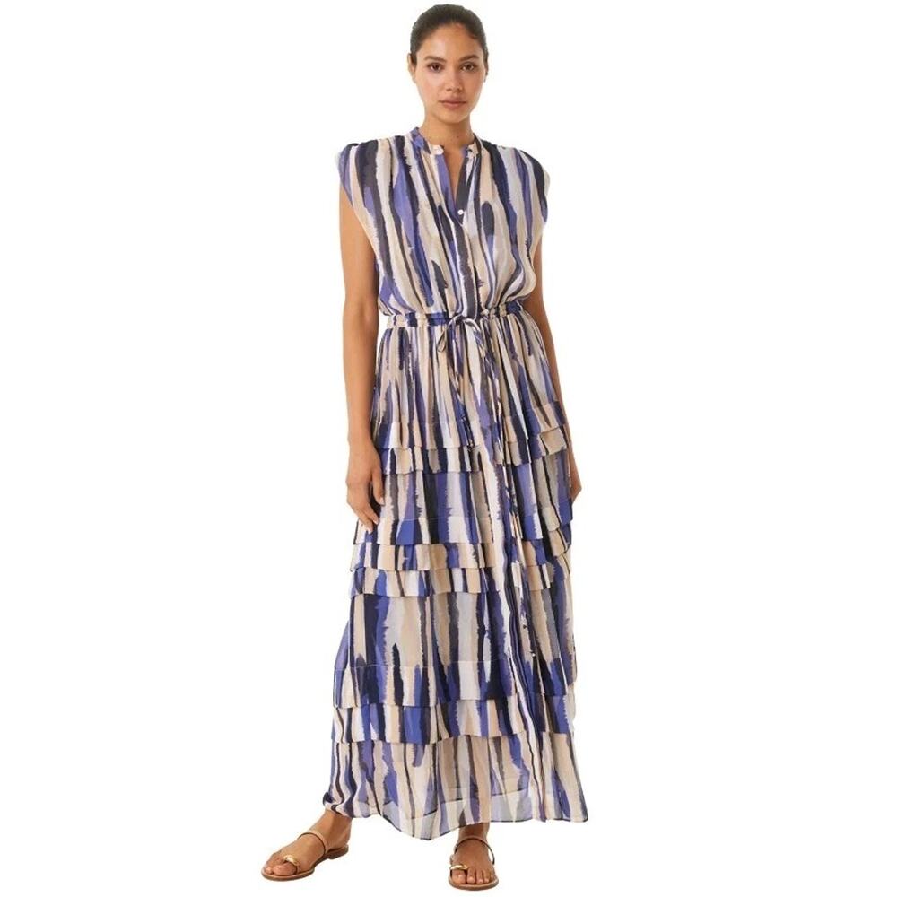 MISA Los Angeles Ulricha Blue Striped Tiered Maxi Dress Size Large NWOT